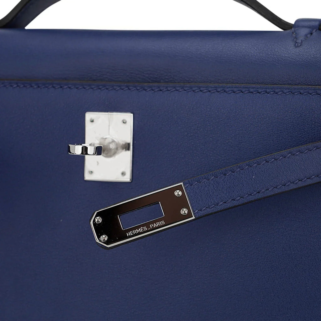 Kelly Pochette Clutch Bag Blue Sapphire Swift Leather with Palladium Hardware