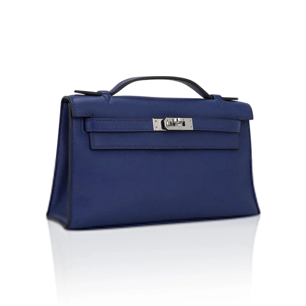 Kelly Pochette Clutch Bag Blue Sapphire Swift Leather with Palladium Hardware