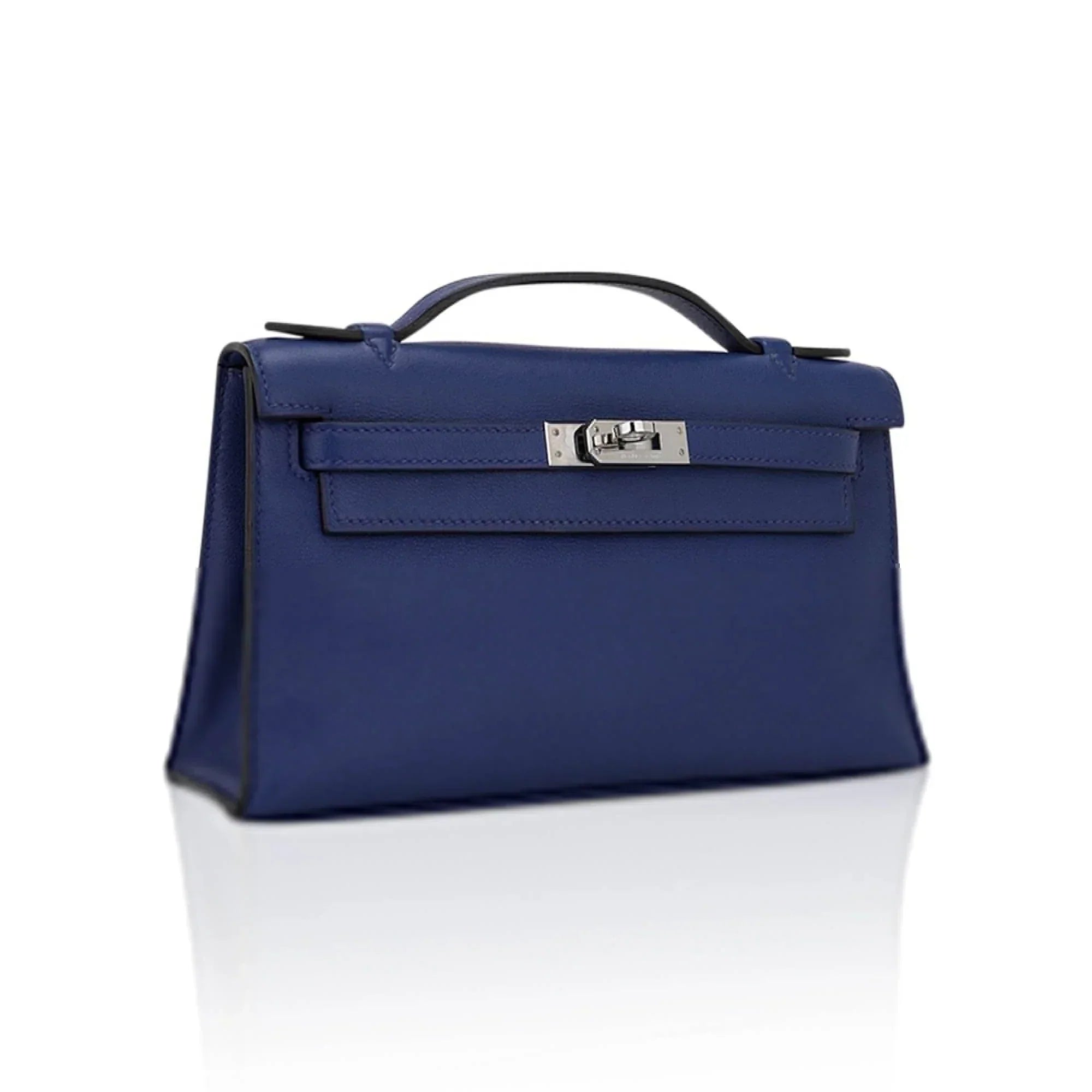 Kelly Pochette Clutch Bag Blue Sapphire Swift Leather with Palladium Hardware
