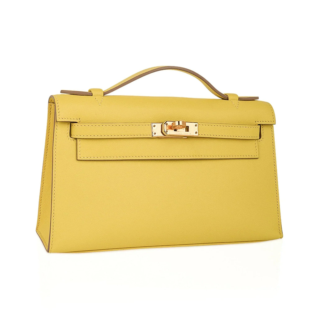 Kelly Pochette Bag Lime Clutch Gold Hardware Swift Leather