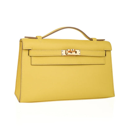 Kelly Pochette Bag Lime Clutch Gold Hardware Swift Leather
