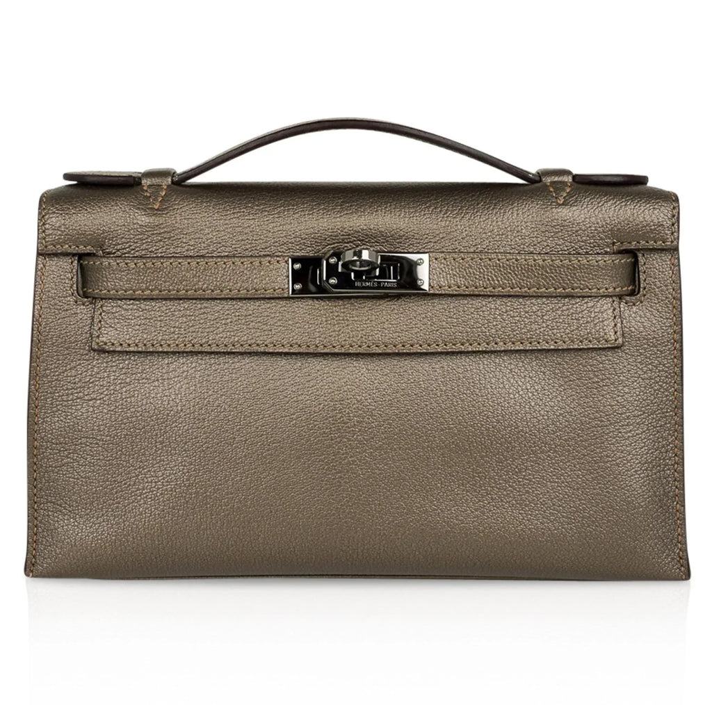 Kelly Pochette Metallic Bronze Clutch Bag Chevre Palladium