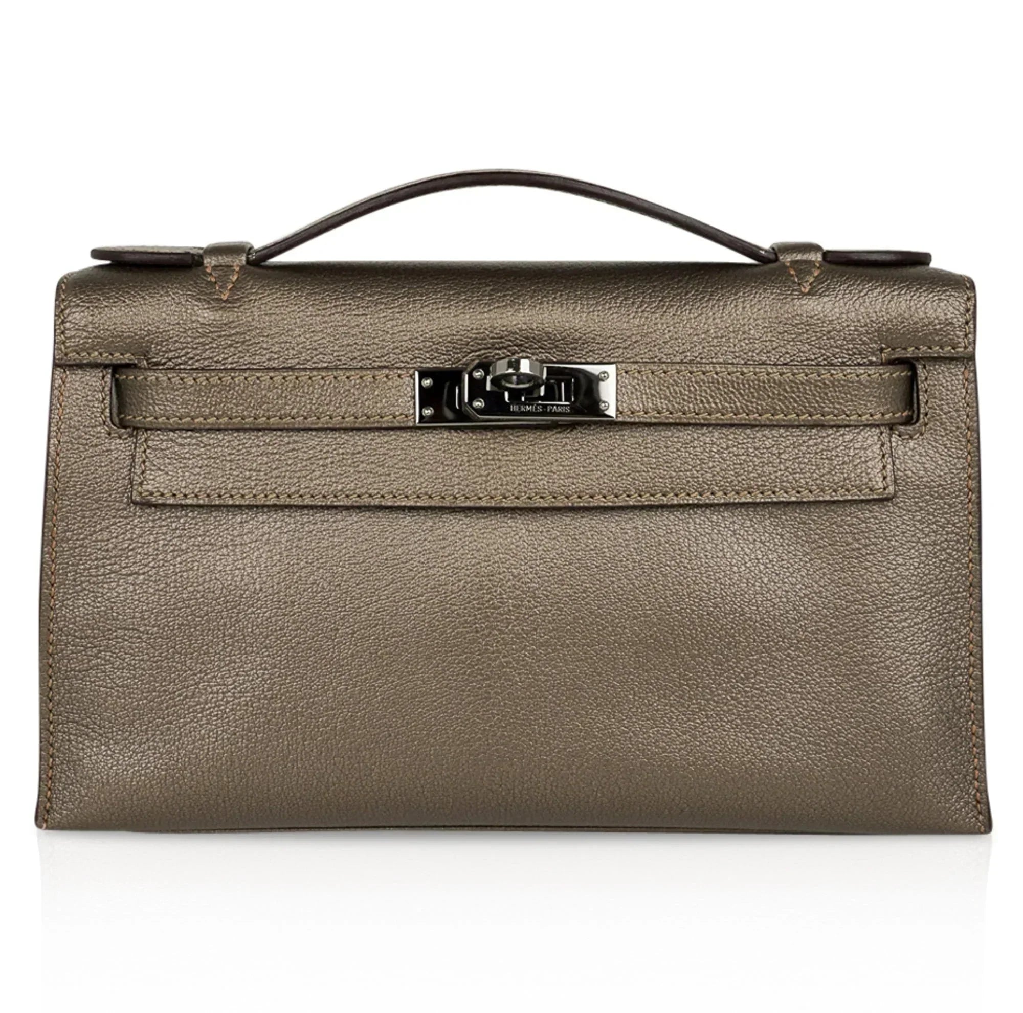Kelly Pochette Metallic Bronze Clutch Bag Chevre Palladium