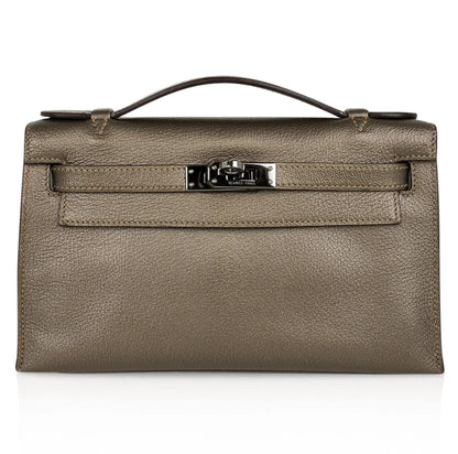 Kelly Pochette Metallic Bronze Clutch Bag Chevre Palladium