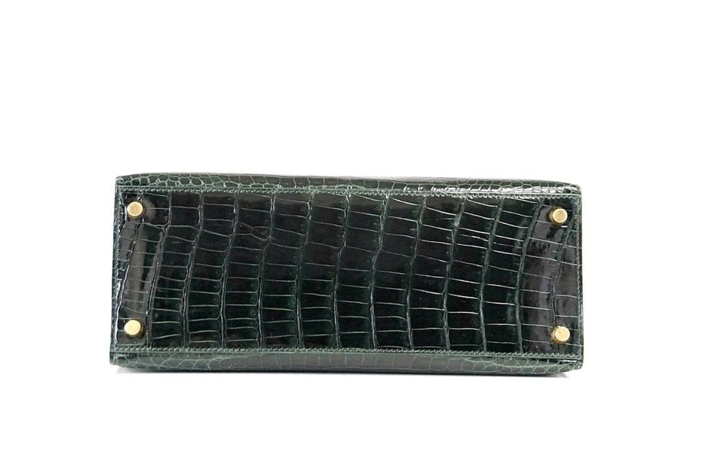 Kelly 28 Bag Exotic Vert Fonce Porosus Crocodile Gold