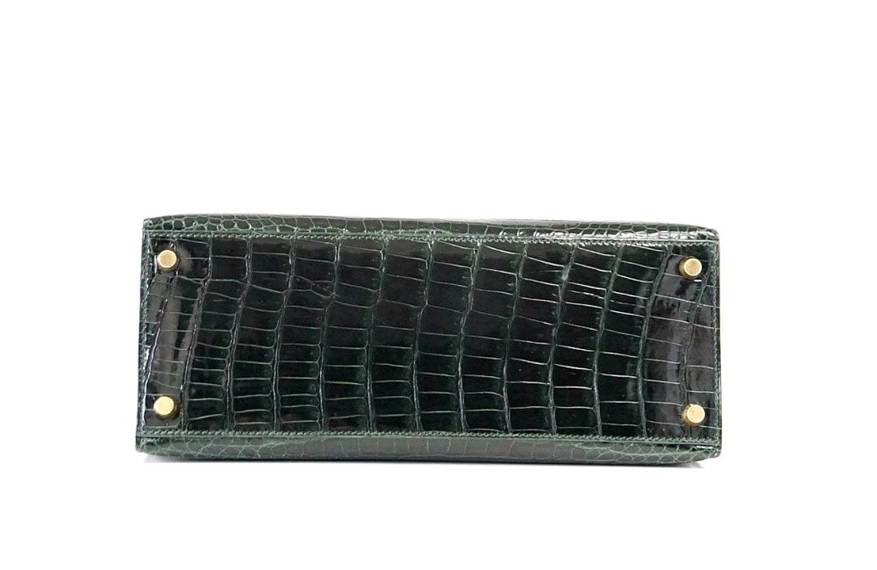 Kelly 28 Bag Exotic Vert Fonce Porosus Crocodile Gold