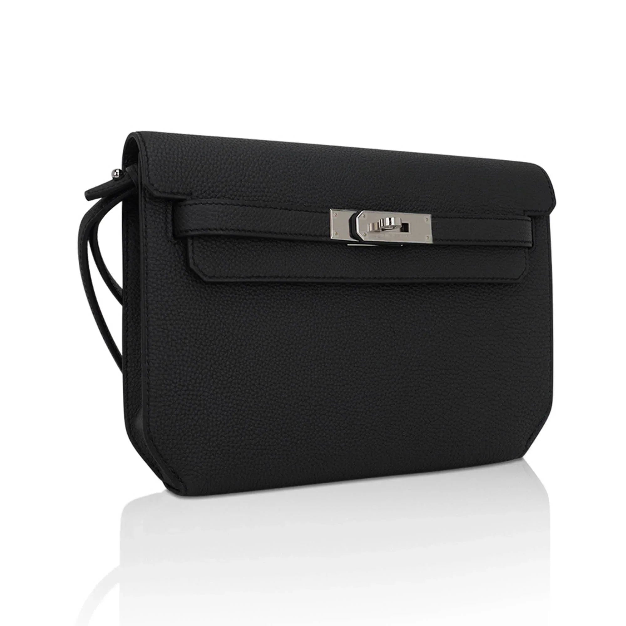 Kelly Depeches 25 Pouch Bag Black Galop D’Leather with Palladium Hardware