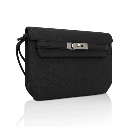 Kelly Depeches 25 Pouch Bag Black Galop D’Leather with Palladium Hardware