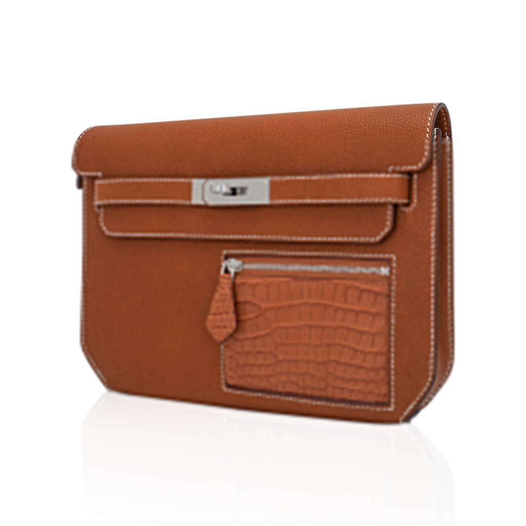 Kelly Depeches Touch Pouch 25 Bag Fauve Barenia Faubourg Leather and Gold Matte Alligator with Palladium Hardware