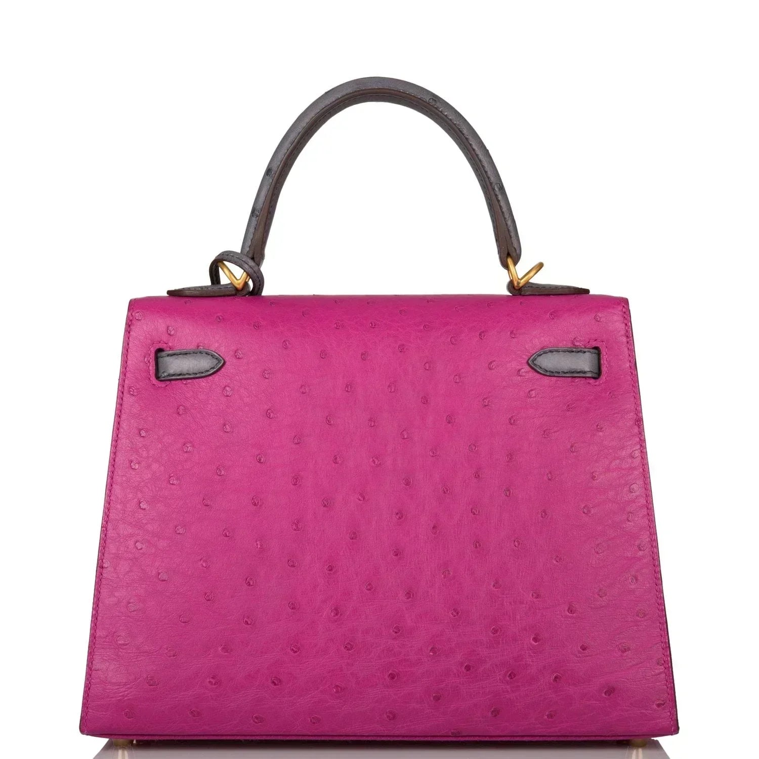 Kelly Sellier 25 Rose Pourpre and Gris Agate Ostrich Brushed Gold Hardware
