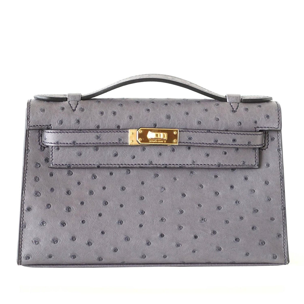 Kelly Pochette Clutch Bag Ostrich Gris Agate Gold Hardware