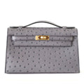 Kelly Pochette Clutch Bag Ostrich Gris Agate Gold Hardware