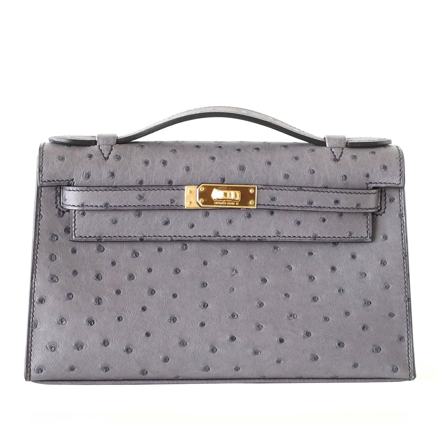 Kelly Pochette Clutch Bag Ostrich Gris Agate Gold Hardware