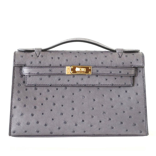 Kelly Pochette Clutch Bag Ostrich Gris Agate Gold Hardware
