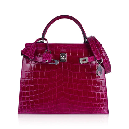 Kelly 25 Sellier Bag Rose Pourpre Crocodile with Palladium Hardware