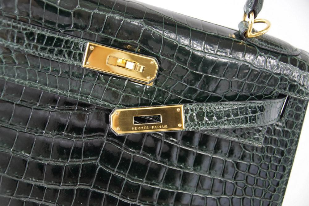 Kelly 28 Bag Exotic Vert Fonce Porosus Crocodile Gold