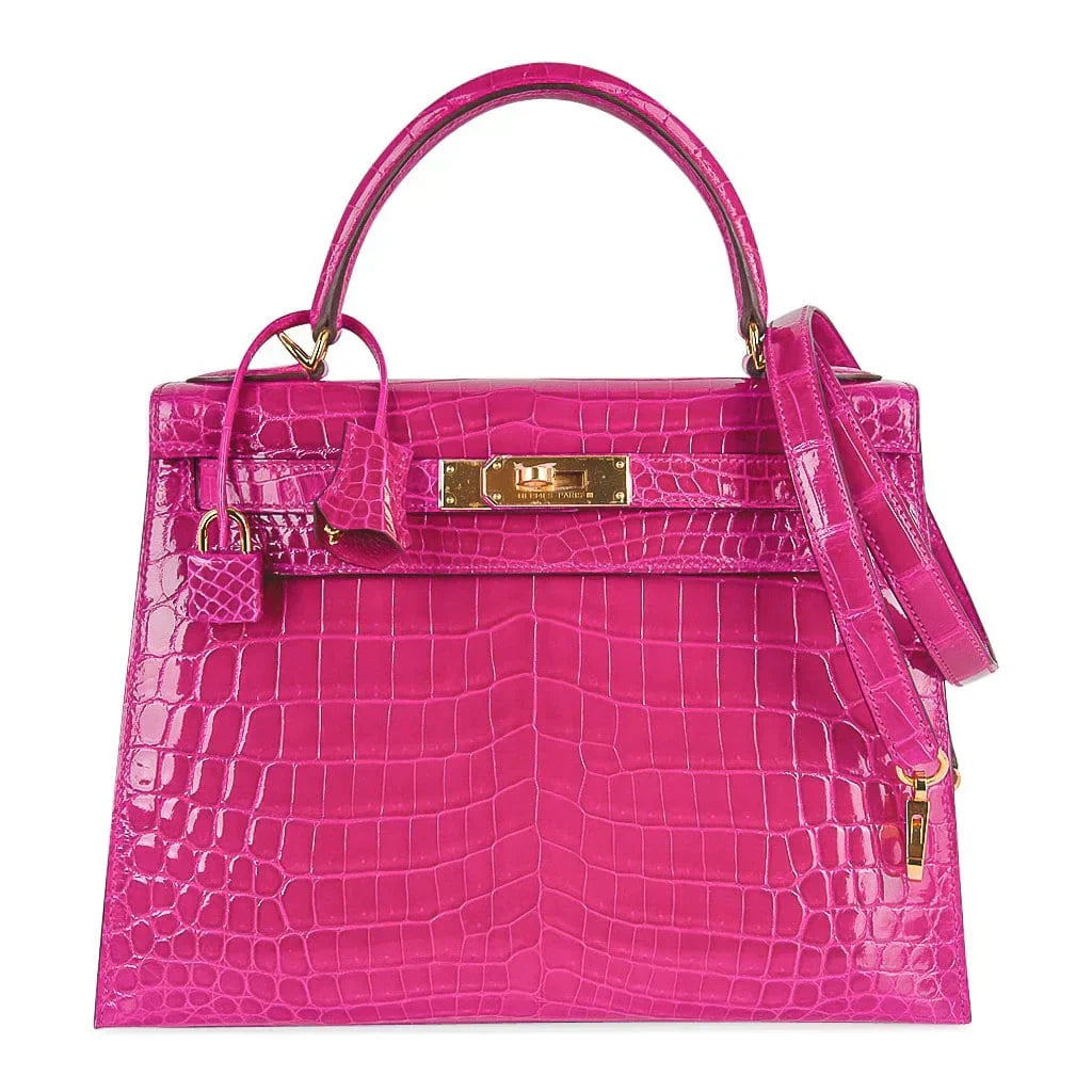 Kelly 28 Sellier Bag Rose Scheherazade Crocodile Gold Hardware