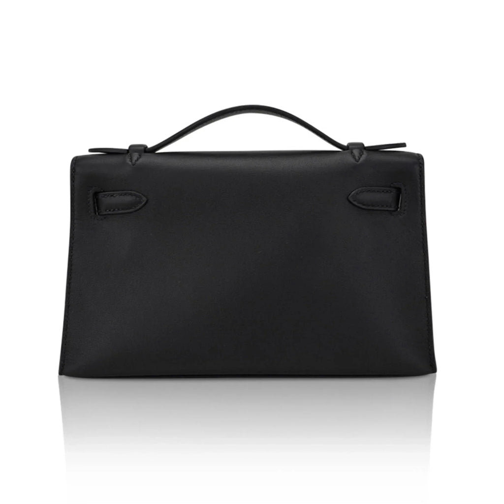 Kelly Pochette Clutch Bag Black Swift Leather with Palladium Hardware