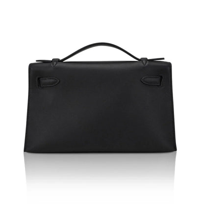 Kelly Pochette Clutch Bag Black Swift Leather with Palladium Hardware