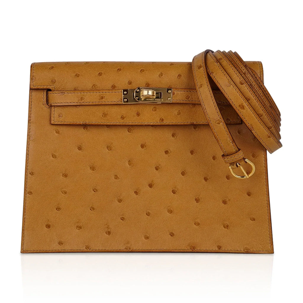 Kelly Danse Bag Tabac Camel Ostrich with Gold Hardware