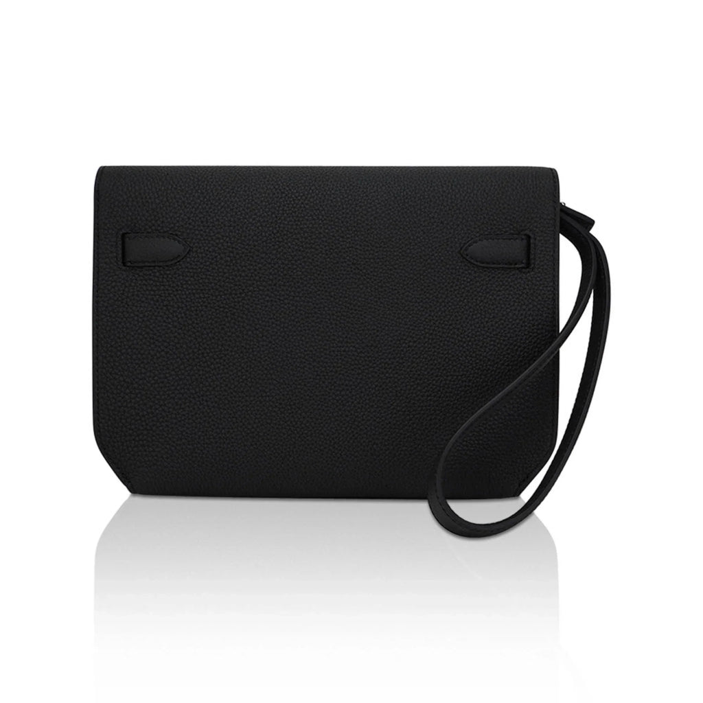Kelly Depeches 25 Pouch Bag Black Galop D’Leather with Palladium Hardware
