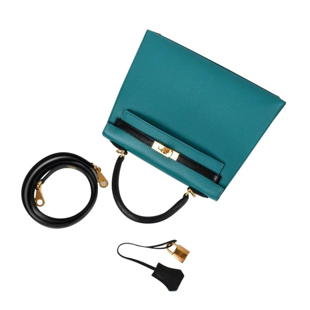 Kelly 25 Sellier Bag HSS Blue Paon / Black Chevre Mysore Gold Hardware
