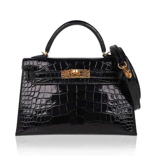 Kelly 20 Mini Sellier Bag Black Alligator Gold Hardware