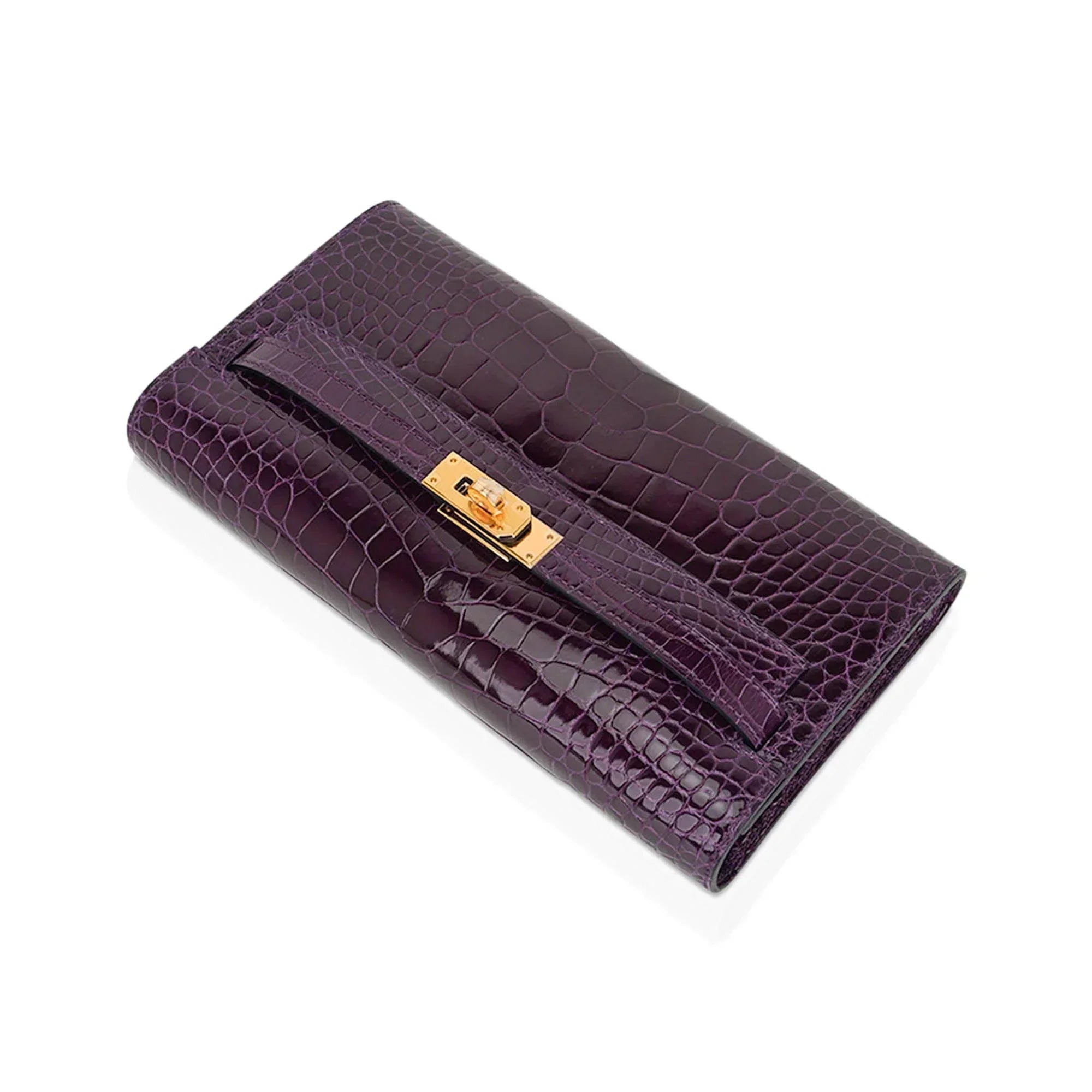 Kelly Classique To Go Wallet Cassis Alligator with Gold Hardware