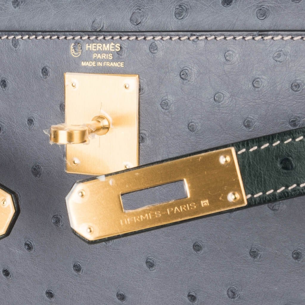 Kelly Sellier 28 HSS Bag Gris Agate / Vert Titien Ostrich Gold Hardware