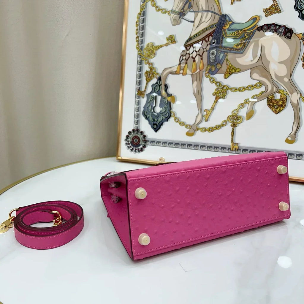 Kelly Sellier 25 Rose Pourpre and Gris Agate Ostrich Brushed Gold Hardware