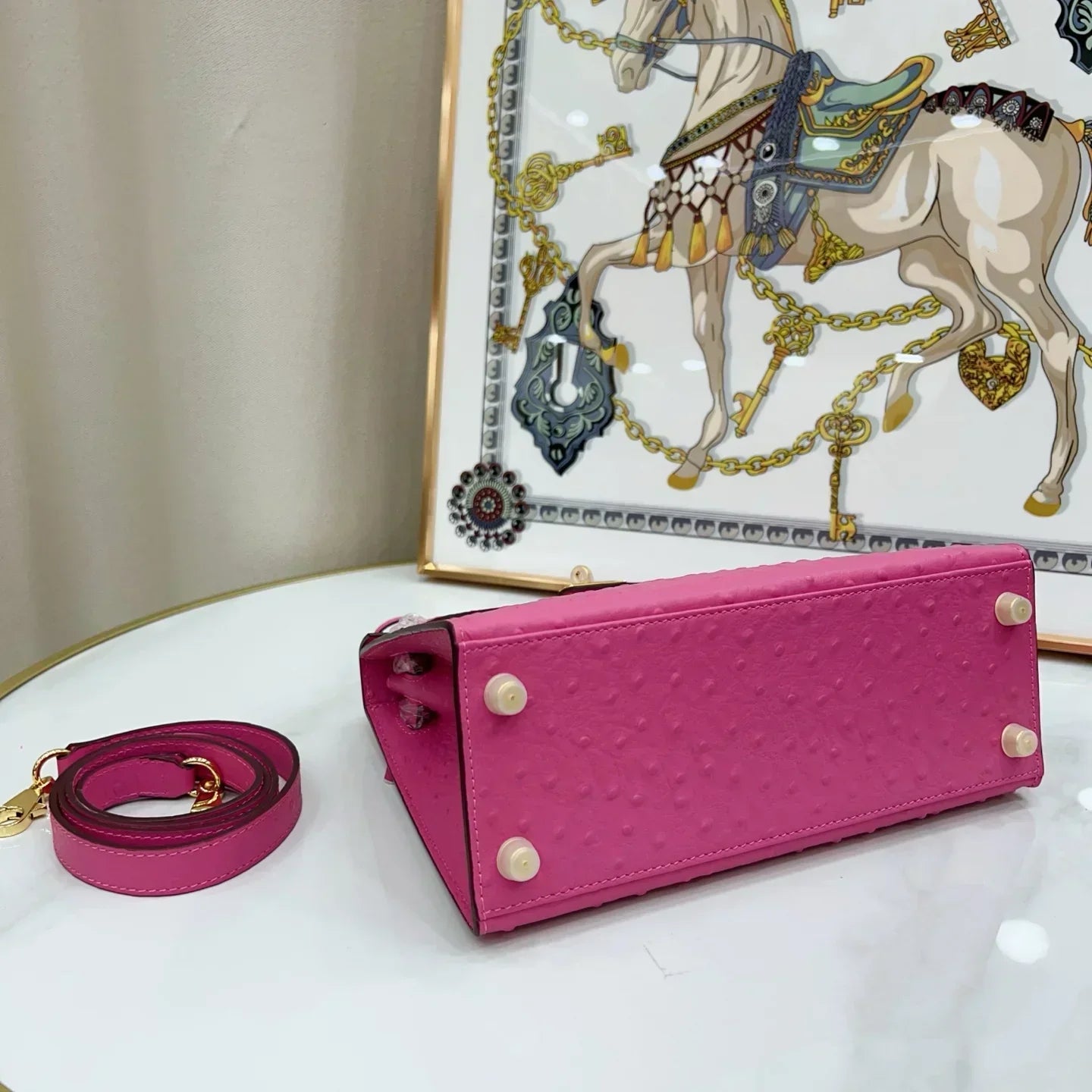 Kelly Sellier 25 Rose Pourpre and Gris Agate Ostrich Brushed Gold Hardware