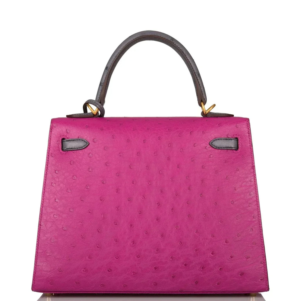 Kelly Sellier 25 Rose Pourpre and Gris Agate Ostrich Brushed Gold Hardware