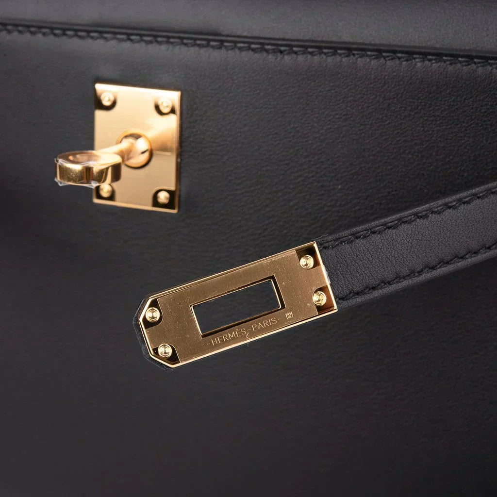 Kelly Pochette Bag Black Swift Leather with Gold Hardware