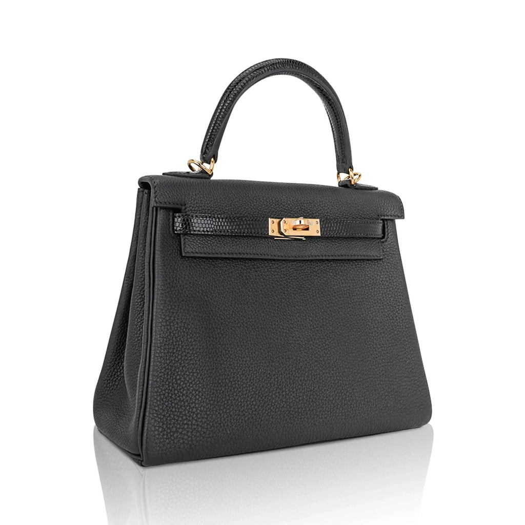 Kelly Touch 25 Retourne Bag Black Lizard Togo Leather Gold Hardware