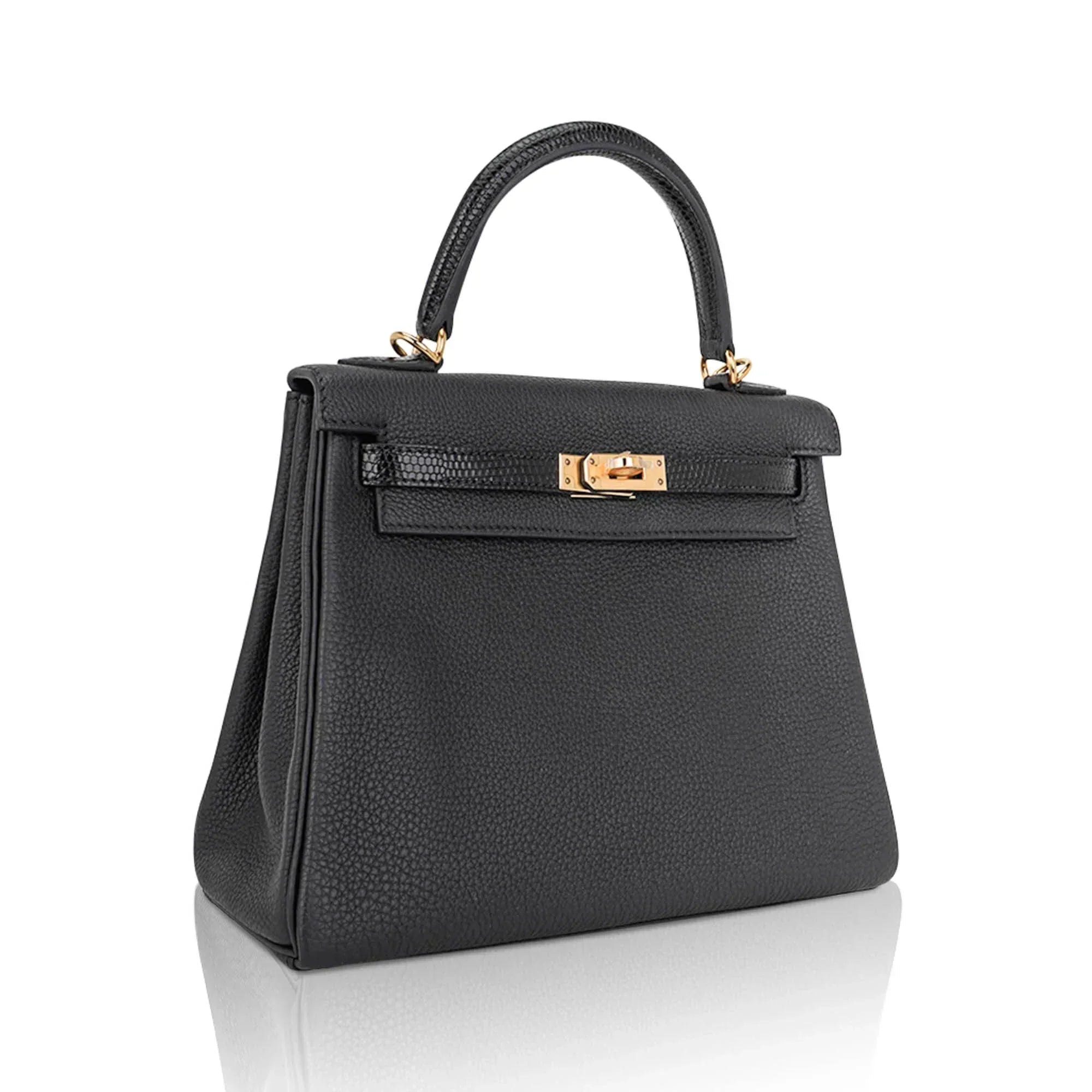 Kelly Touch 25 Retourne Bag Black Lizard Togo Leather Gold Hardware