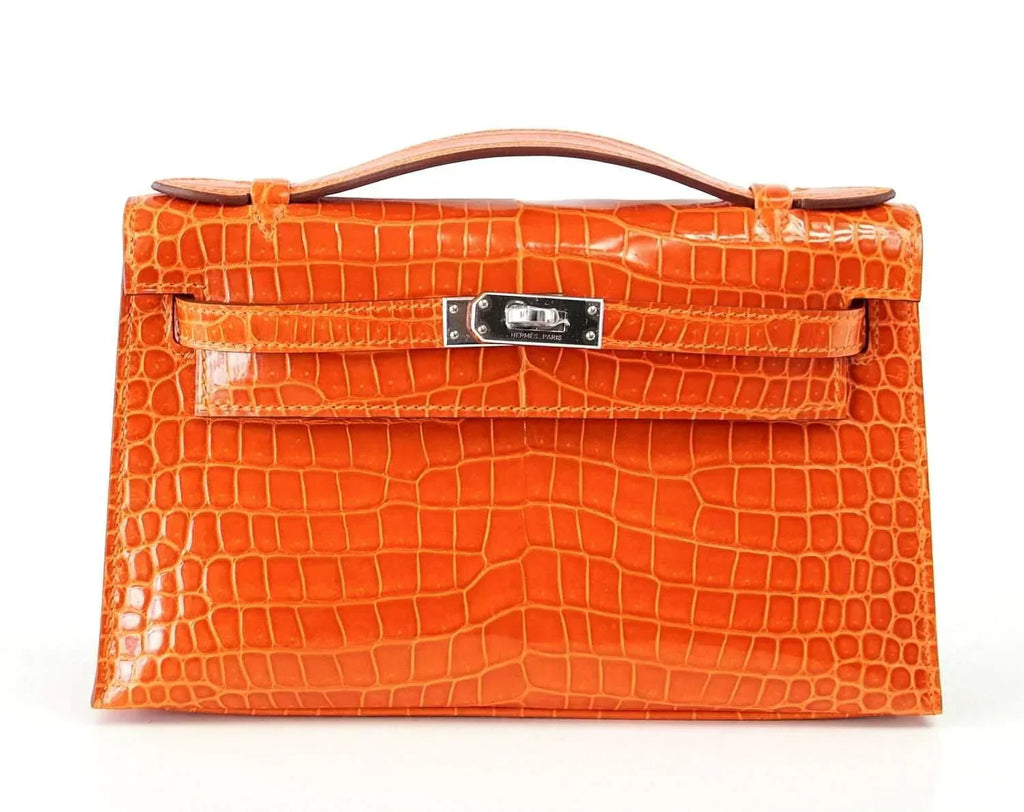 Kelly Pochette Clutch Bag Orange Feu Rare in Porosus Crocodile