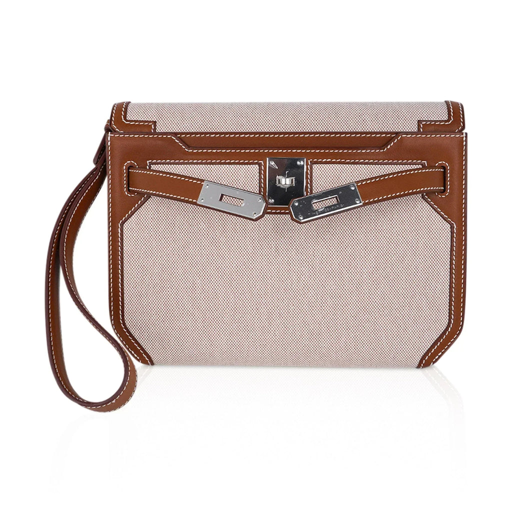 Kelly Depeches 25 Pouch Toile & Fauve Barenia Trim with Palladium Hardware