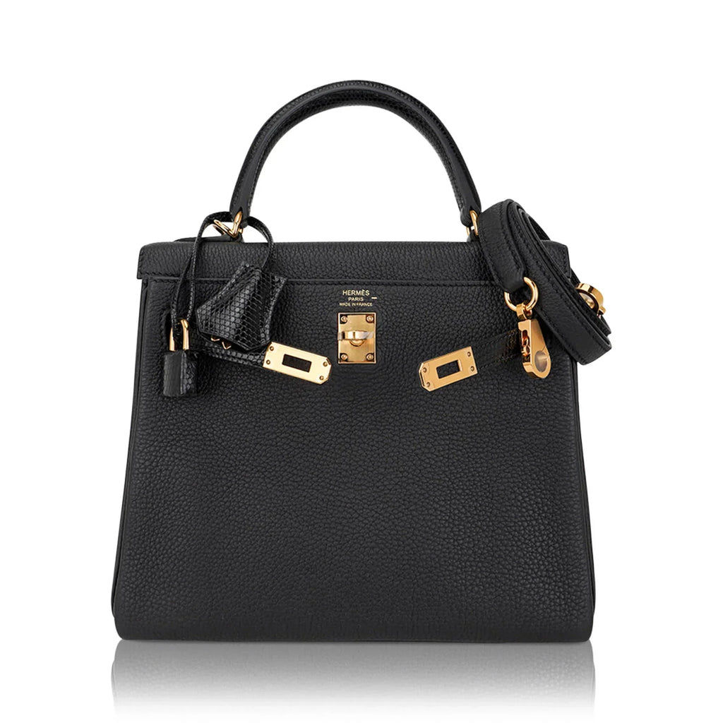 Kelly Touch 25 Retourne Bag Black Lizard Togo Leather Gold Hardware