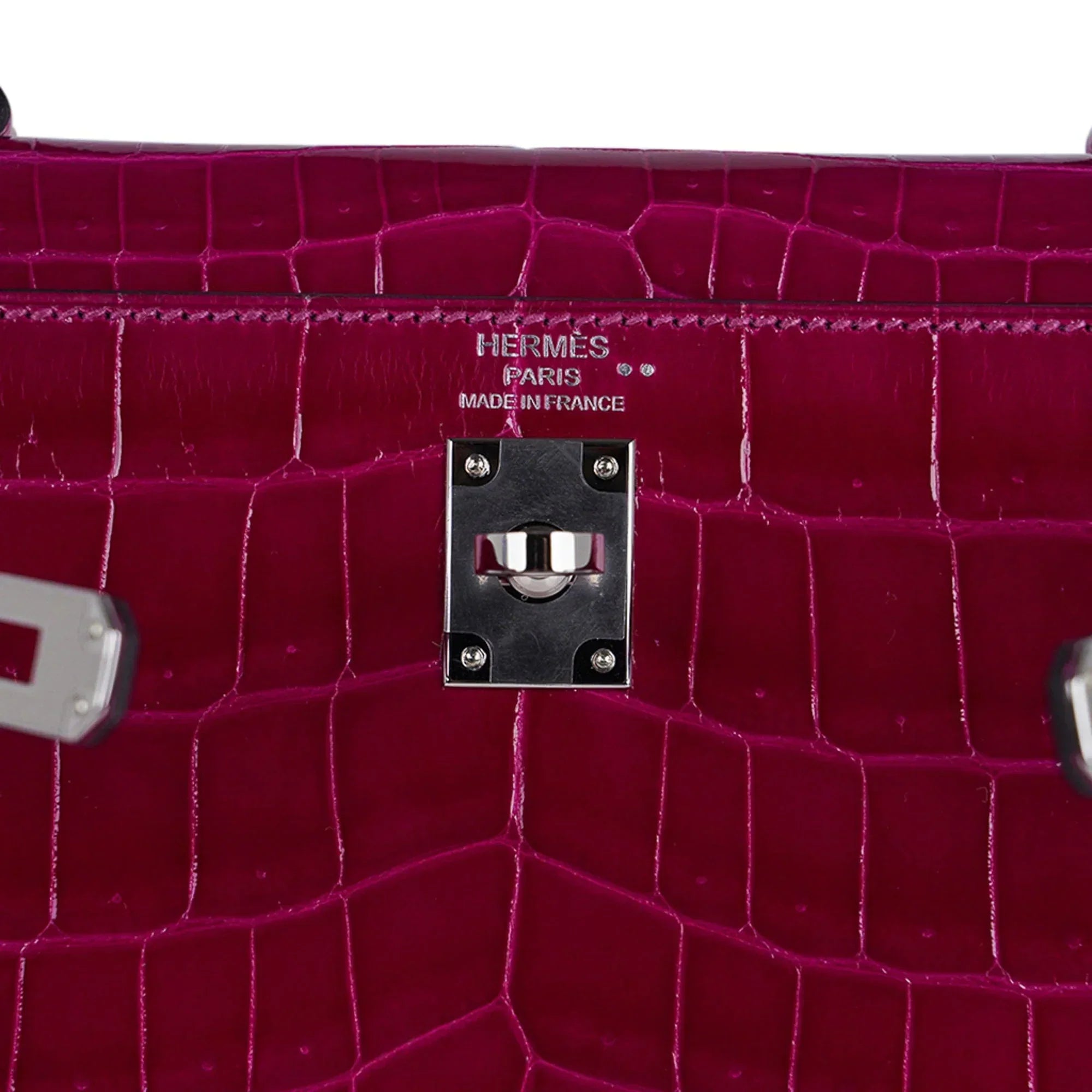 Kelly 25 Sellier Bag Rose Pourpre Crocodile with Palladium Hardware