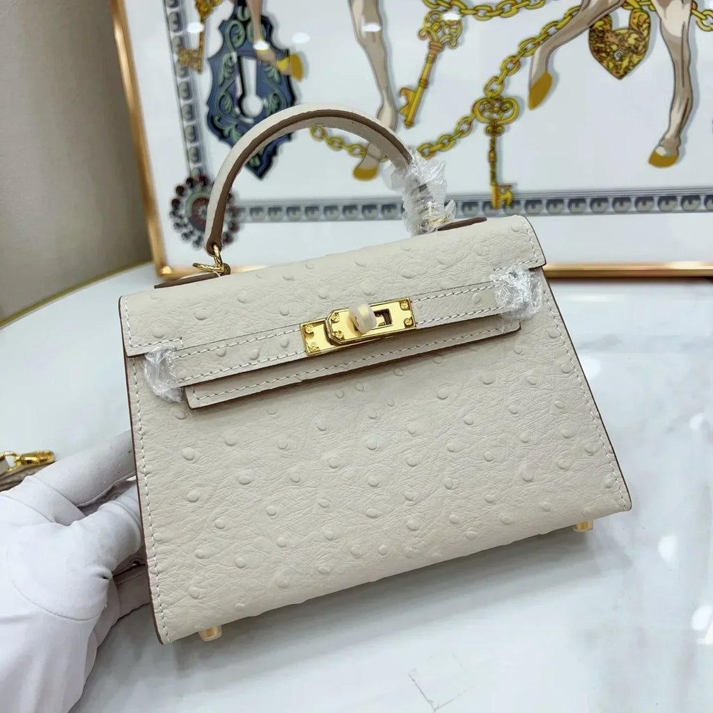 Kelly II Sellier Mini Beton Ostrich Gold Hardware