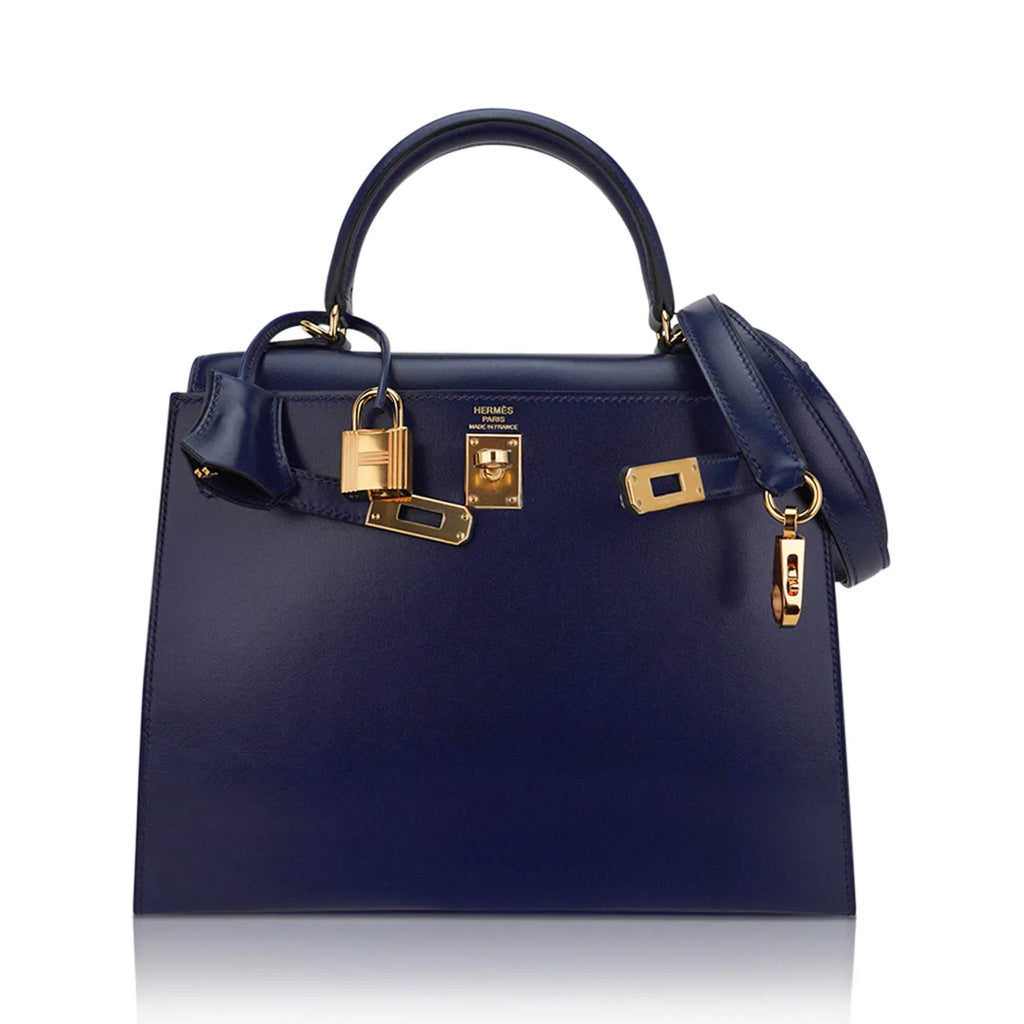 Kelly Sellier 25 Bag Blue Sapphire Box Leather with Gold Hardware