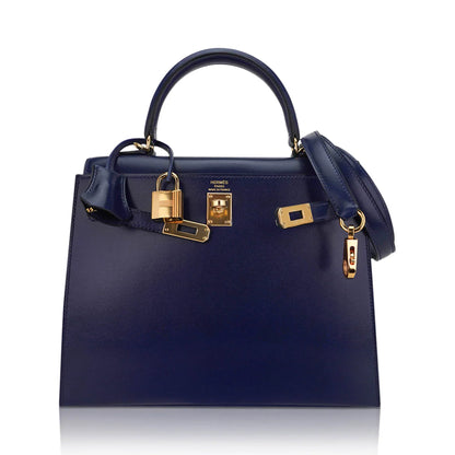 Kelly Sellier 25 Bag Blue Sapphire Box Leather with Gold Hardware