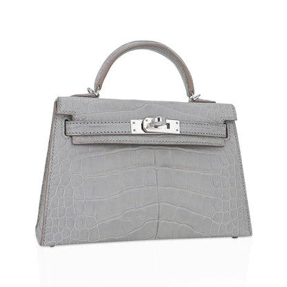 Limited Edition Mini Kelly 20 Sellier Matte Gris Perle Alligator Bag Palladium Hardware