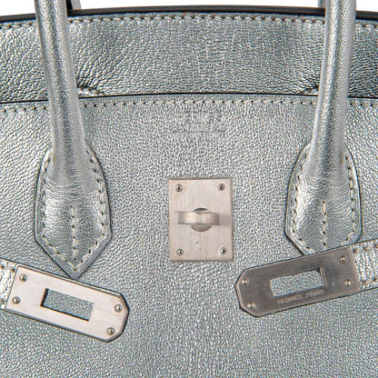 Birkin 25 Bag Metallic Silver Chevre with Brushed Palladium Hardware
