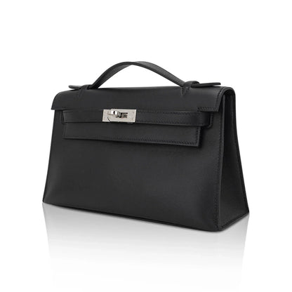 Kelly Pochette Clutch Bag Black Swift Leather with Palladium Hardware