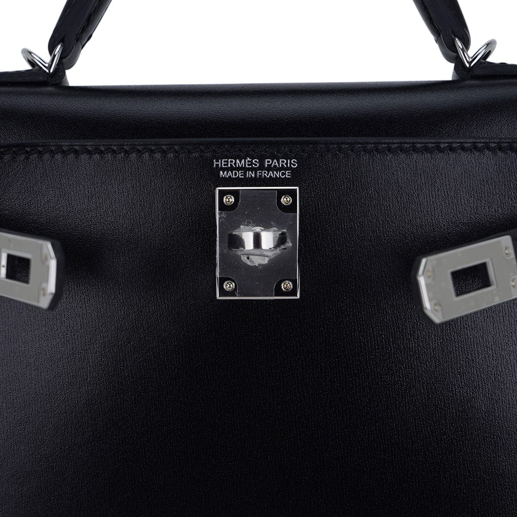 Kelly 20 Sellier Black Box Leather Mini Bag Palladium Hardware