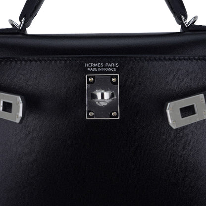 Kelly 20 Sellier Black Box Leather Mini Bag Palladium Hardware
