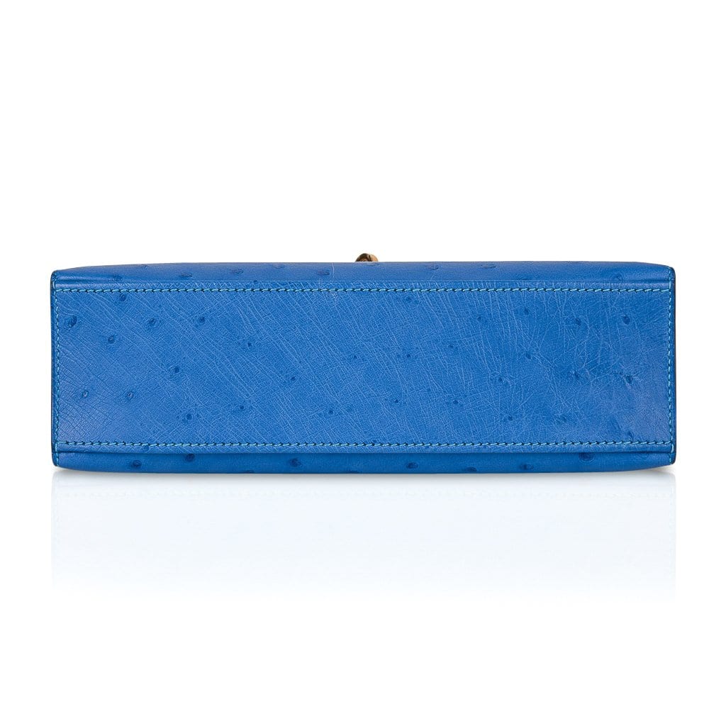 Kelly Pochette Bag Bleuet Ostrich Clutch Gold Hardware
