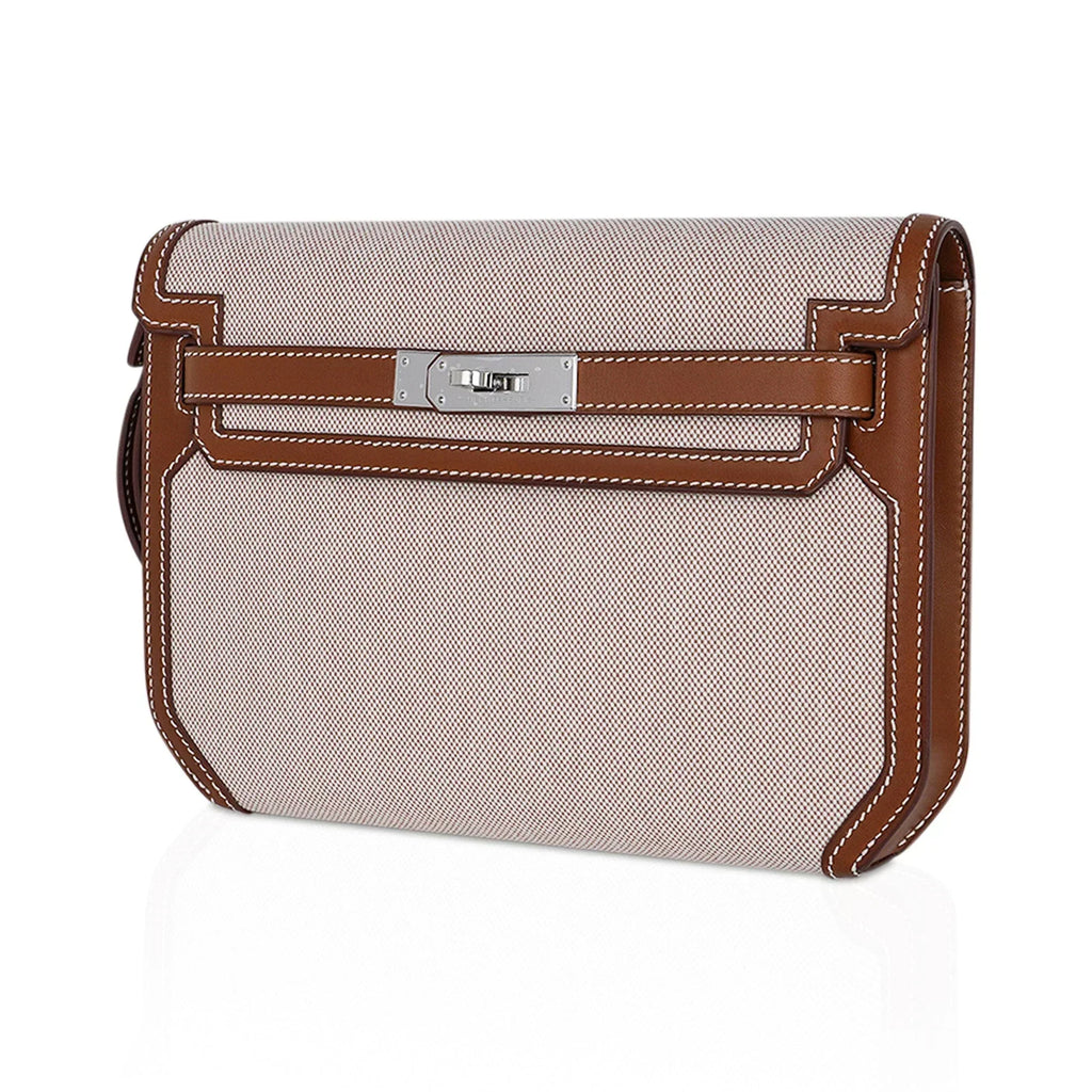 Kelly Depeches 25 Pouch Toile & Fauve Barenia Trim with Palladium Hardware