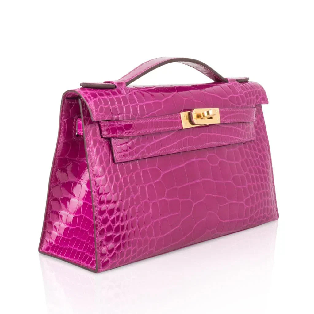 Kelly Pochette Clutch Bag Rose Scheherazade Pink Alligator Gold Hardware